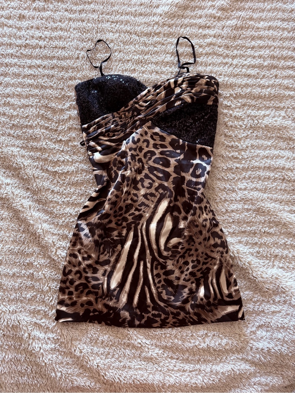 Vintage Y2K Leopard Print Sequin Bust Mini Dress - Black and Brown